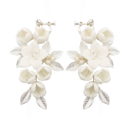 Temperament Simple White Ceramic Flower Bridal Earrings